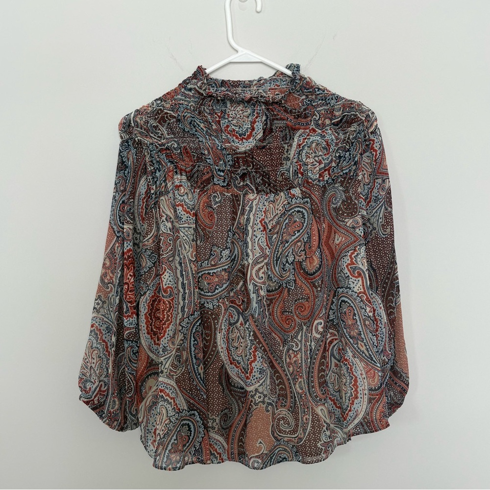 Tommy Hilfiger Women's Paisley-Print Smocked High-Neck Elbow-Sleeve Blouse Large